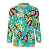 Custom Face Pineapple & Floral Pattern Men's Long Sleeve Quarter Zip Sports Golf Polo Shirt
