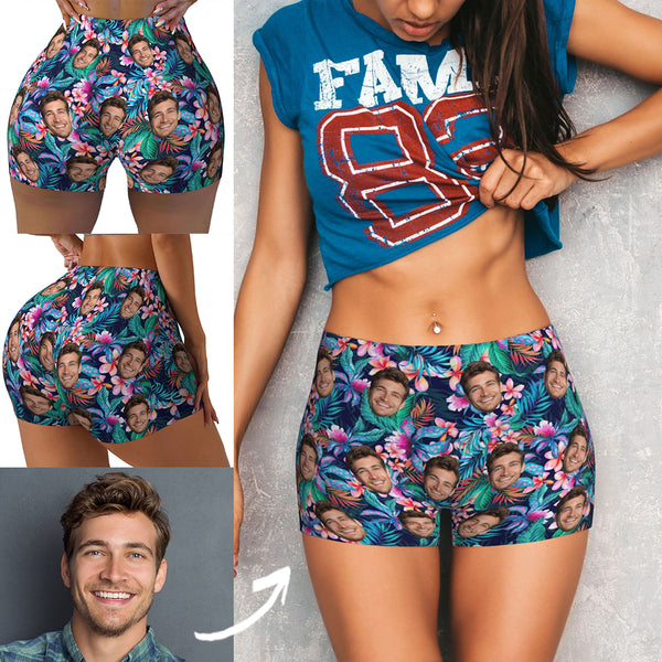 Custom Face Leaves and Flowers Women's Workout Shorts