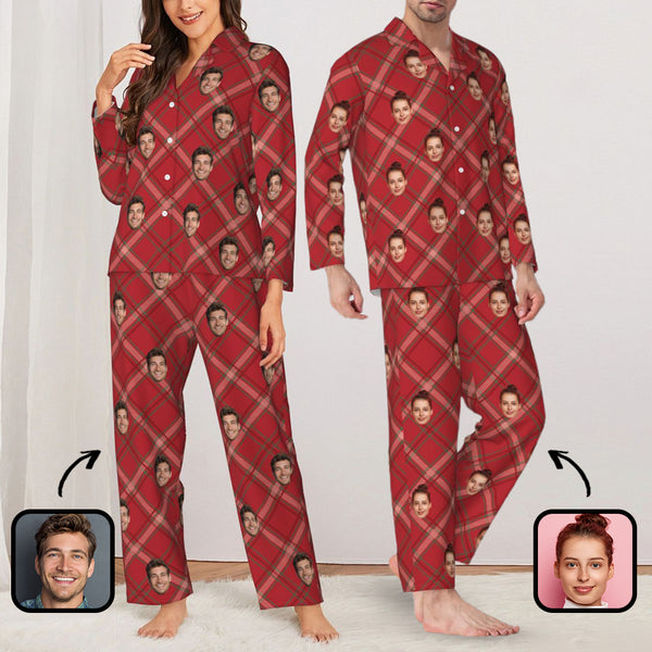 Custom Face Plaid Stripe Pattern Long Sleeve Cardigan Pajama Set - Red