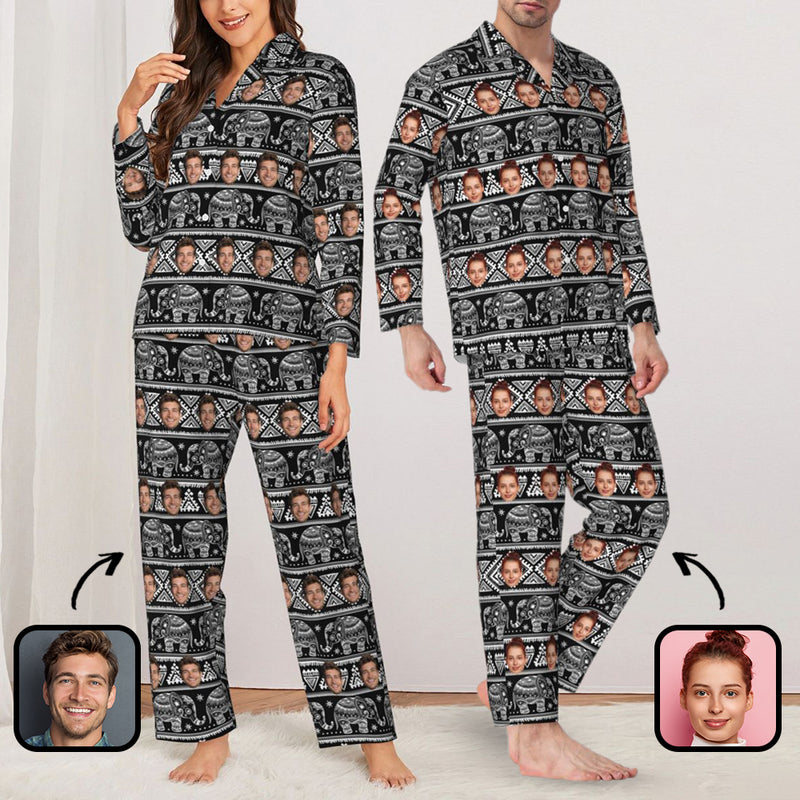 Custom Face Elephant Pattern Long Sleeve Cardigan Pajama Set - Black