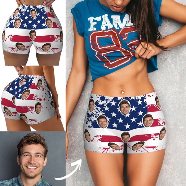 Custom Face Faded American Flag Women's Workout Shorts