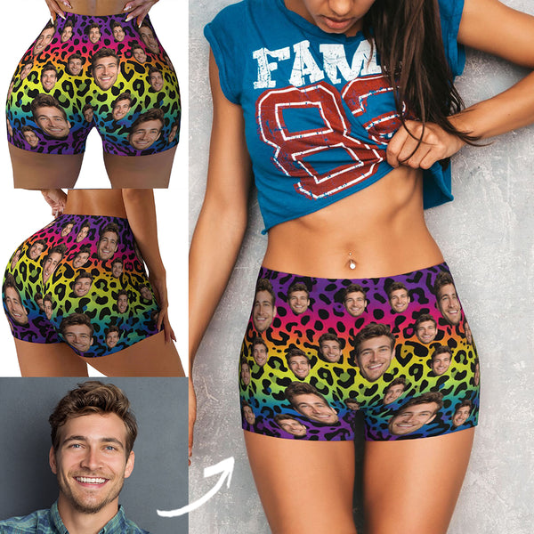 Custom Face Colorful Leopard Print Women's Workout Shorts