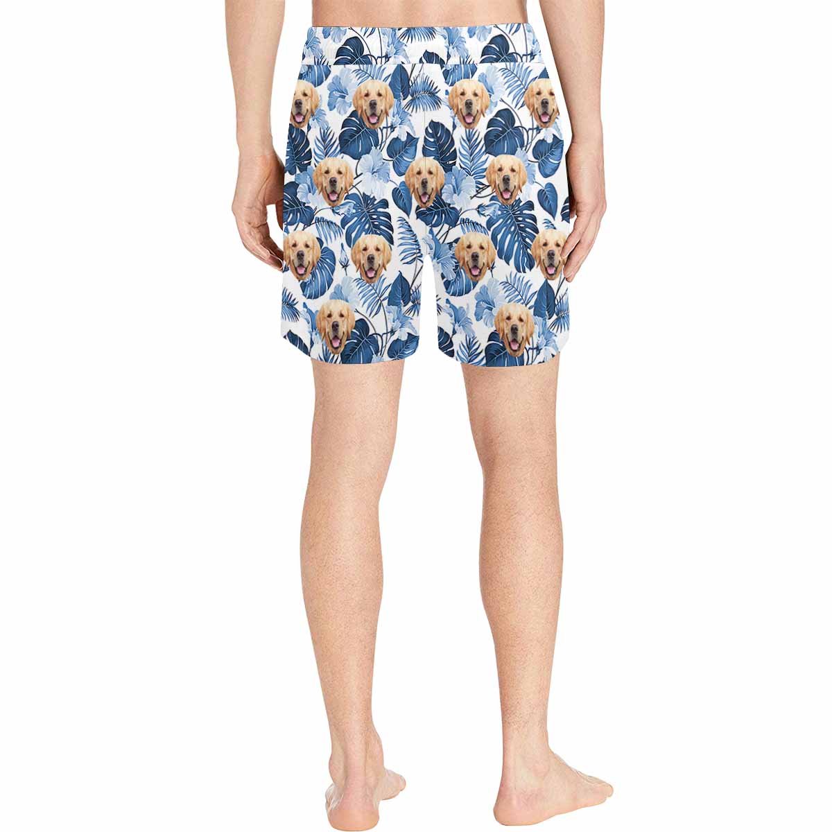 Custom Face Dark Blue Palm Leaves Men's Mid-Length Swim Shorts - White