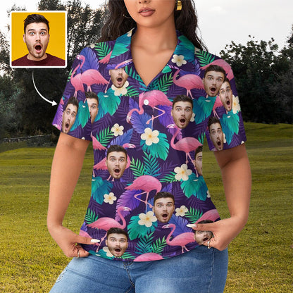 Custom Face Pink Flamingo Pattern Women's Straight Golf Polo Shirt