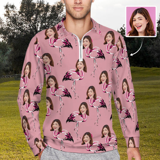 Custom Face Flamingo Pattern Men's Long Sleeve Quarter Zip Sports Golf Polo Shirt - Dark Pink