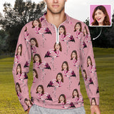 Custom Face Flamingo Pattern Men's Long Sleeve Quarter Zip Sports Golf Polo Shirt - Dark Pink