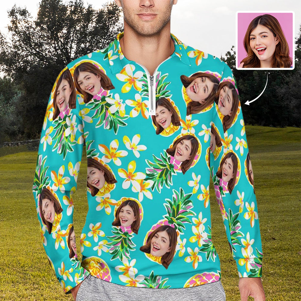 Custom Face Pineapple & Floral Pattern Men's Long Sleeve Quarter Zip Sports Golf Polo Shirt