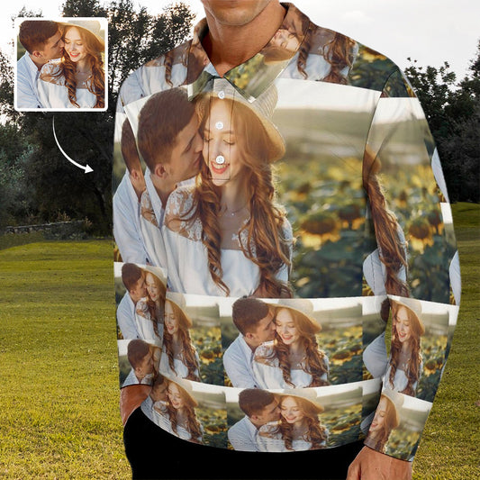 Custom Photo Patchwork Men's Long Sleeve Sports Golf Polo Shirt