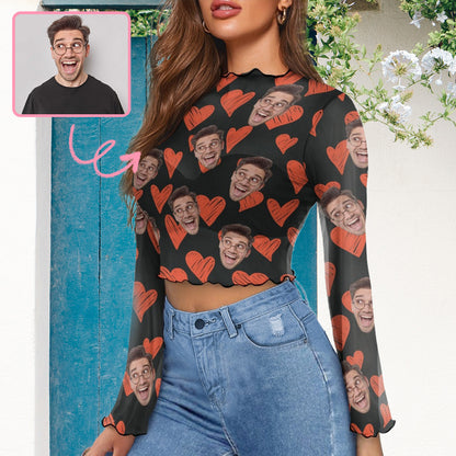 Custom Face Hand Drawn Love Pattern Women's Bell Sleeve Top - Black