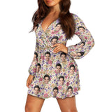 Custom Face Colorful Flowers Women's Deep V Neck Long Sleeve Tunic Loose Short Dress