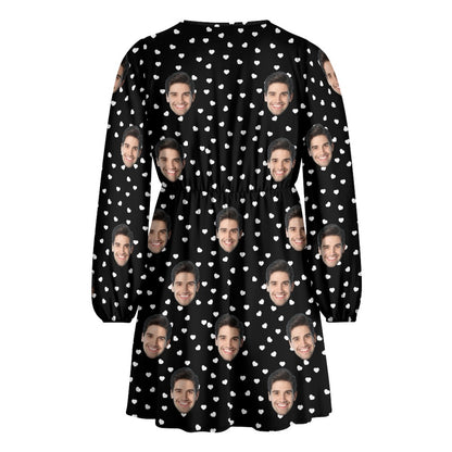 Custom Face Love Dots Women's Deep V Neck Long Sleeve Tunic Loose Short Dress - Black