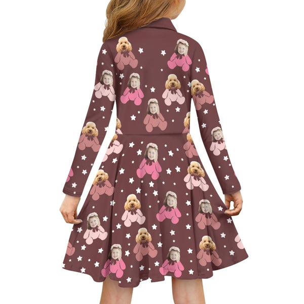 Custom Face Little Bear Pattern Children's Long Sleeved Polo Shirt Dress