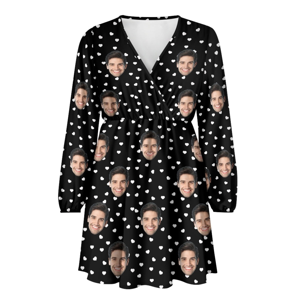 Custom Face Love Dots Women's Deep V Neck Long Sleeve Tunic Loose Short Dress - Black