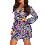 Custom Face Purple Outline Women's Deep V Neck Long Sleeve Tunic Loose Short Dress