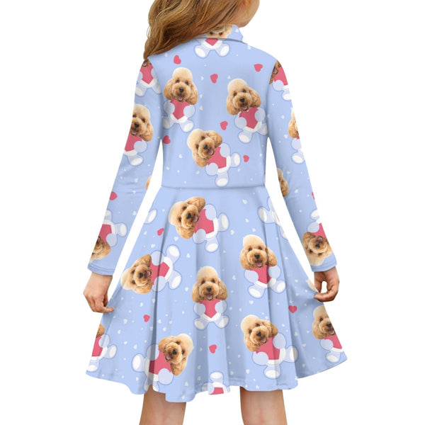 Custom Pet Face Embrace Love Children's Long Sleeved Polo Shirt Dress