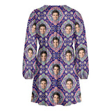 Custom Face Purple Outline Women's Deep V Neck Long Sleeve Tunic Loose Short Dress