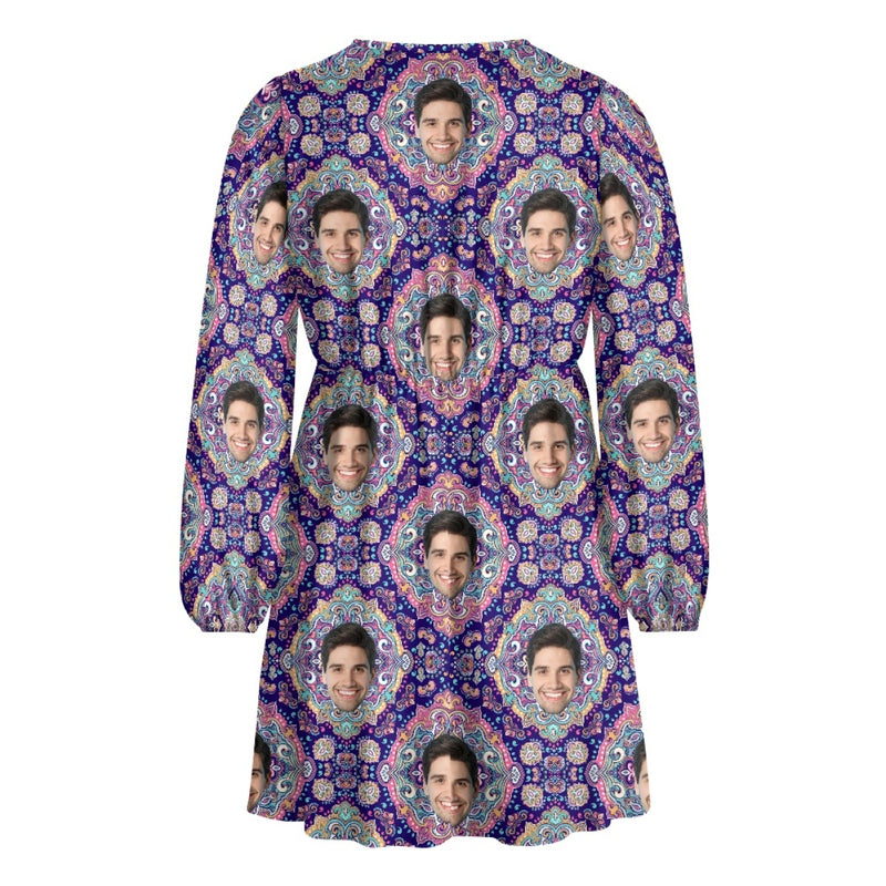 Custom Face Purple Outline Women's Deep V Neck Long Sleeve Tunic Loose Short Dress