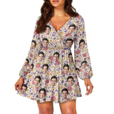 Custom Face Colorful Flowers Women's Deep V Neck Long Sleeve Tunic Loose Short Dress