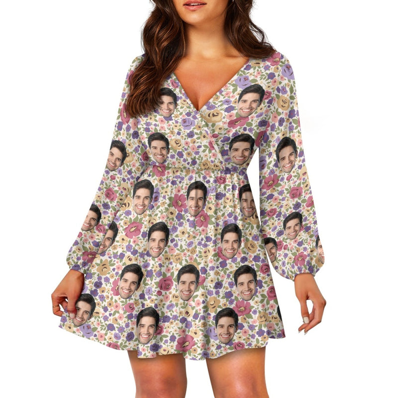 Custom Face Colorful Flowers Women's Deep V Neck Long Sleeve Tunic Loose Short Dress