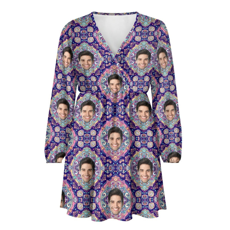 Custom Face Purple Outline Women's Deep V Neck Long Sleeve Tunic Loose Short Dress