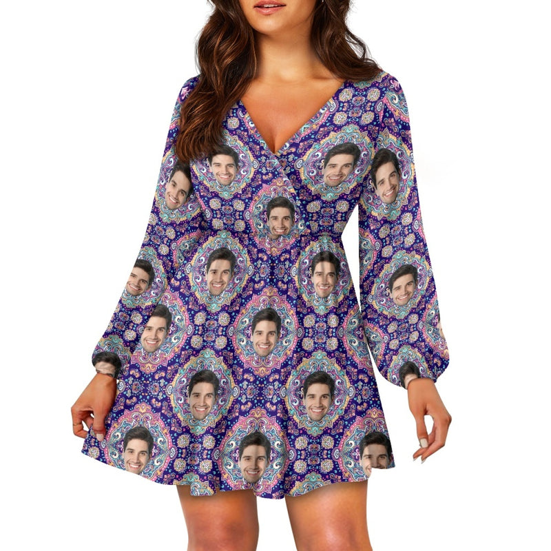 Custom Face Purple Outline Women's Deep V Neck Long Sleeve Tunic Loose Short Dress