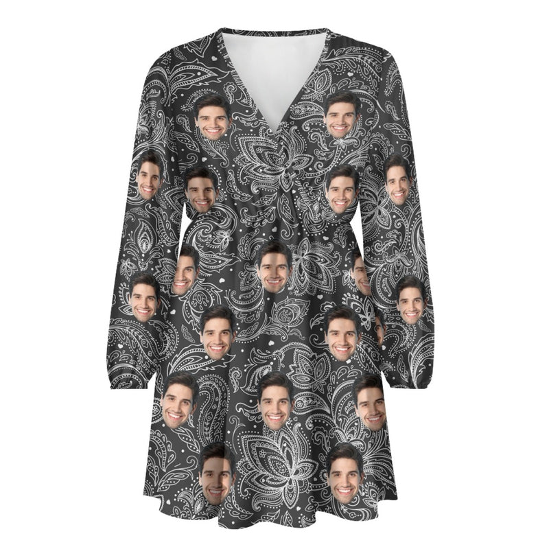 Custom Face Floral Pattern Women's Deep V Neck Long Sleeve Tunic Loose Short Dress - Black