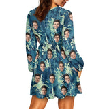 Custom Face Green Impression Women's Deep V Neck Long Sleeve Tunic Loose Short Dress