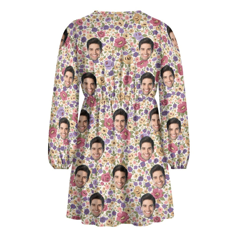 Custom Face Colorful Flowers Women's Deep V Neck Long Sleeve Tunic Loose Short Dress