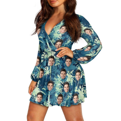 Custom Face Green Impression Women's Deep V Neck Long Sleeve Tunic Loose Short Dress