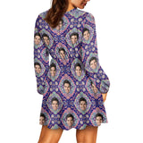 Custom Face Purple Outline Women's Deep V Neck Long Sleeve Tunic Loose Short Dress