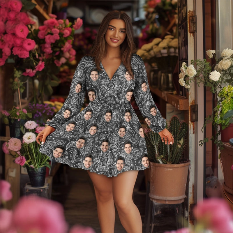 Custom Face Floral Pattern Women's Deep V Neck Long Sleeve Tunic Loose Short Dress - Black