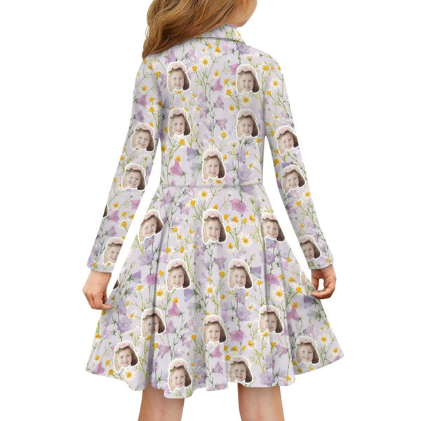 Custom Face Little Daisy Children's Long Sleeved Polo Shirt Dress