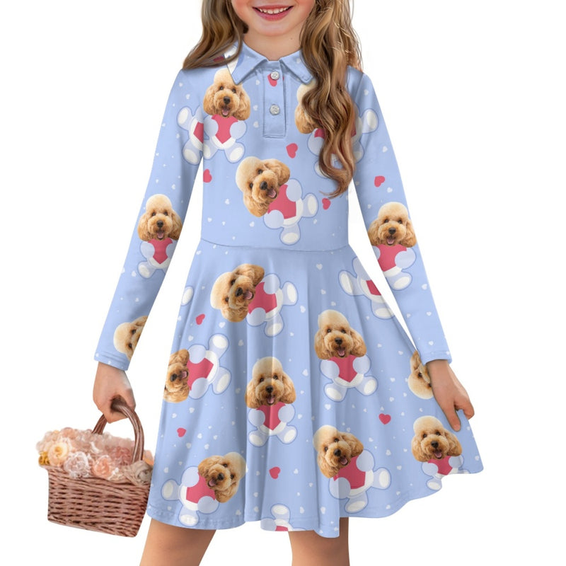 Custom Pet Face Embrace Love Children's Long Sleeved Polo Shirt Dress