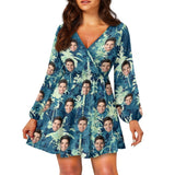 Custom Face Green Impression Women's Deep V Neck Long Sleeve Tunic Loose Short Dress