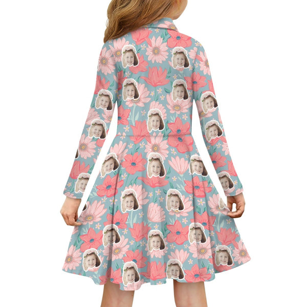 Custom Face Blooming Flowers Children's Long Sleeved Polo Shirt Dress