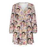 Custom Face Colorful Flowers Women's Deep V Neck Long Sleeve Tunic Loose Short Dress