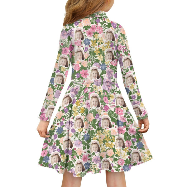 Custom Face Leaves & Flowers Children's Long Sleeved Polo Shirt Dress