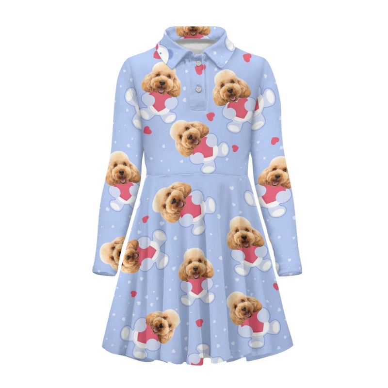 Custom Pet Face Embrace Love Children's Long Sleeved Polo Shirt Dress