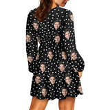 Custom Face Love Dots Women's Deep V Neck Long Sleeve Tunic Loose Short Dress - Black