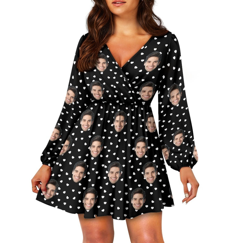 Custom Face Love Dots Women's Deep V Neck Long Sleeve Tunic Loose Short Dress - Black