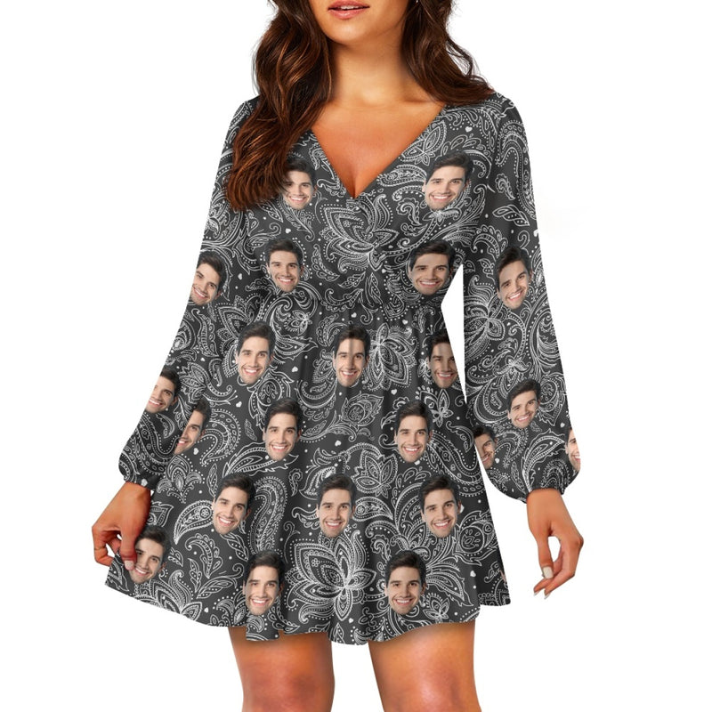 Custom Face Floral Pattern Women's Deep V Neck Long Sleeve Tunic Loose Short Dress - Black