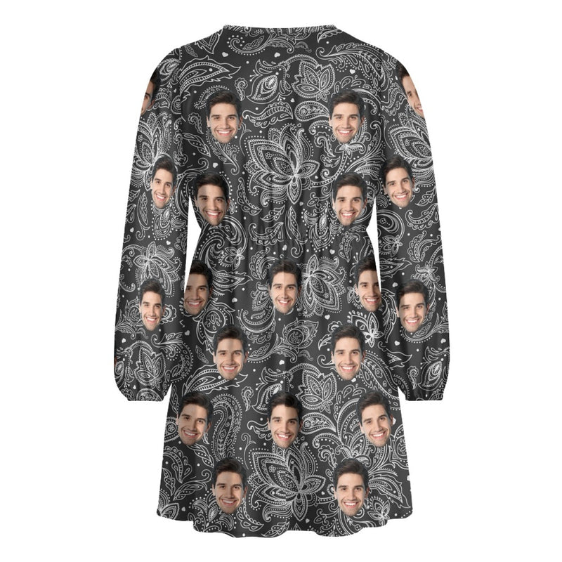 Custom Face Floral Pattern Women's Deep V Neck Long Sleeve Tunic Loose Short Dress - Black