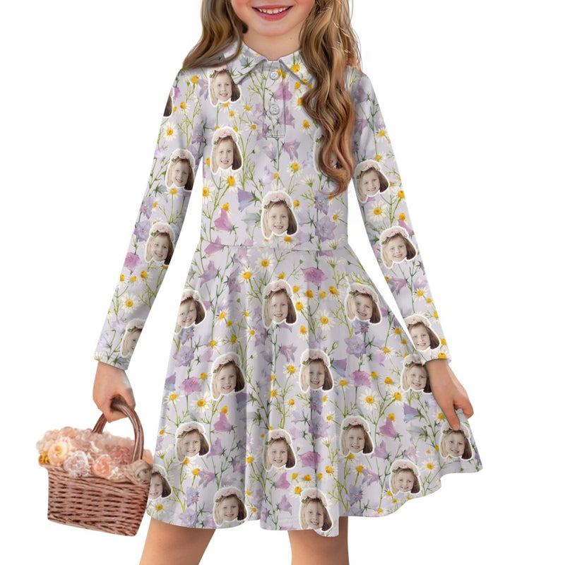 Custom Face Little Daisy Children's Long Sleeved Polo Shirt Dress