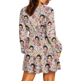 Custom Face Colorful Flowers Women's Deep V Neck Long Sleeve Tunic Loose Short Dress