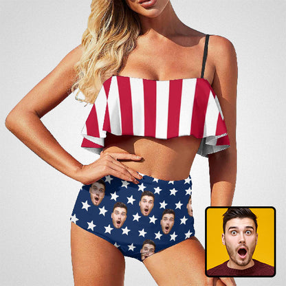 Custom Face Stripe Star Flag Ruffle Bikini Personalized Bikini Top