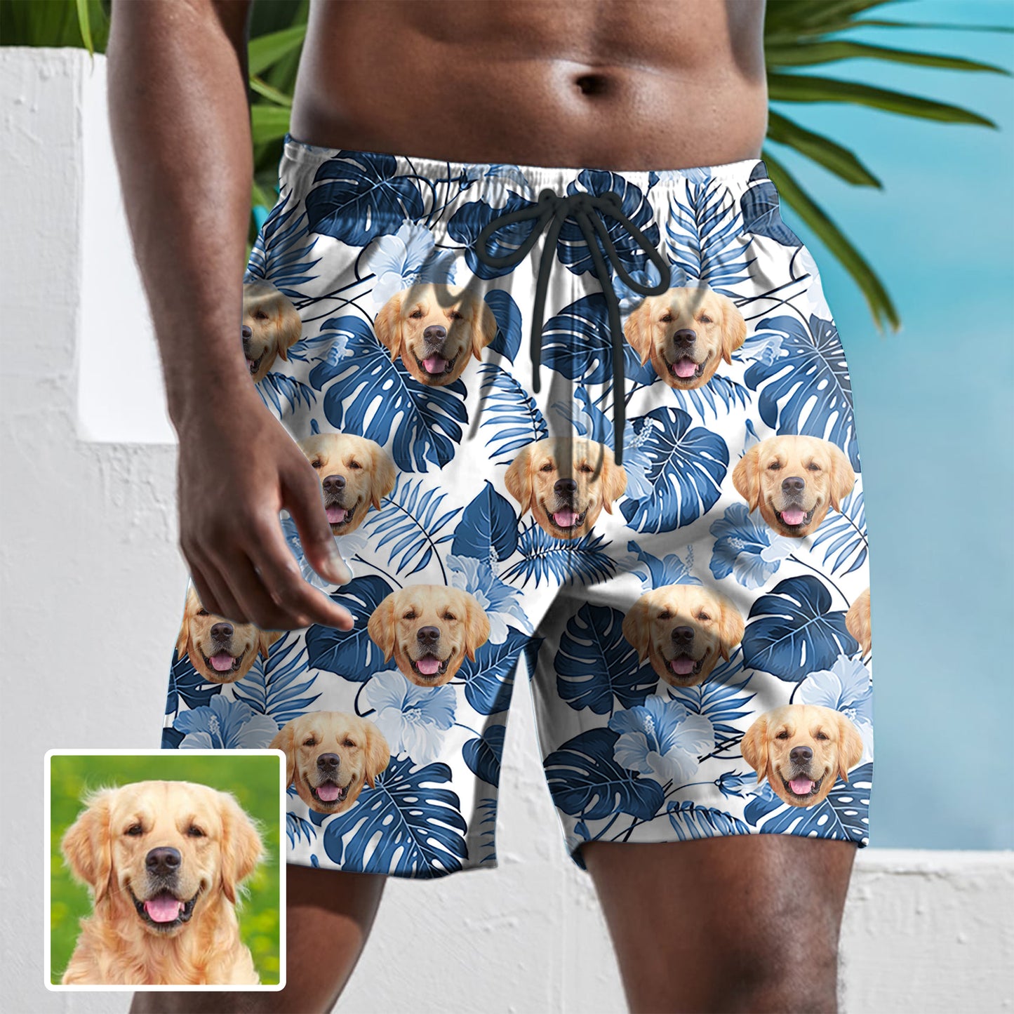 Custom Face Dark Blue Palm Leaves Men's Mid-Length Swim Shorts - White