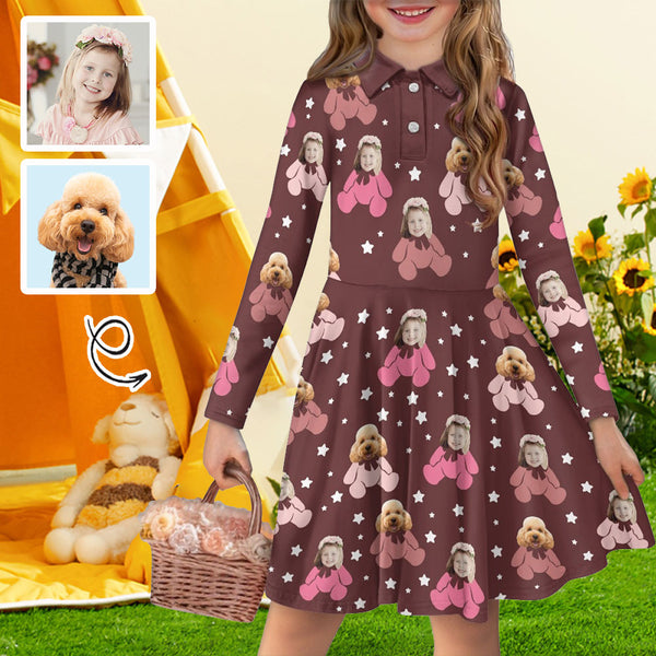 Custom Face Little Bear Pattern Children's Long Sleeved Polo Shirt Dress