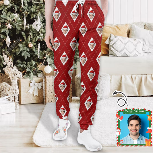 Custom Face Diamonds Christmas Gifts with Hat Men's Sweatpants Personalized Sports Pants