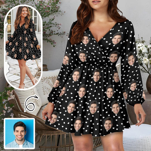 Custom Face Love Dots Women's Deep V Neck Long Sleeve Tunic Loose Short Dress - Black