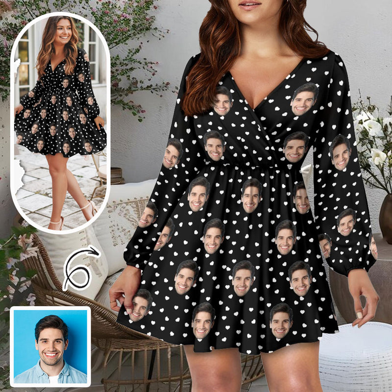 Custom Face Love Dots Women's Deep V Neck Long Sleeve Tunic Loose Short Dress - Black